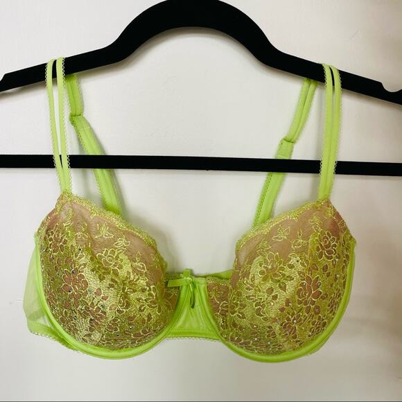 NEW VS VICTORIAS SECRET Lime Green Beige Tan Lace Bow Crystal Balconet Bra 34C - Picture 10 of 10
